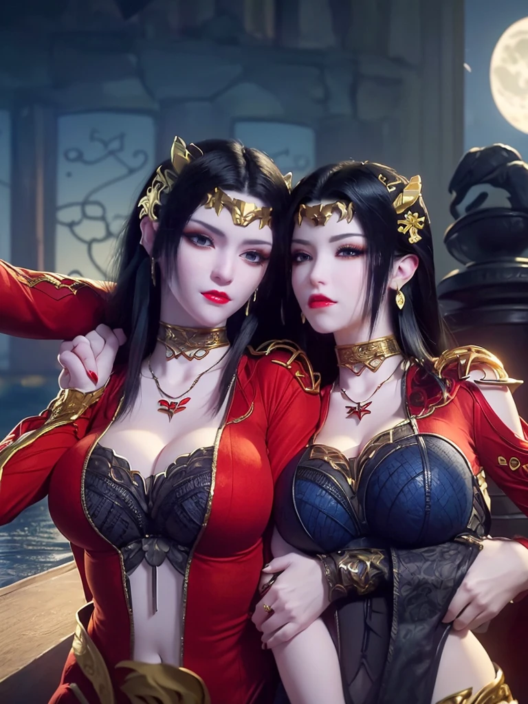 1 Extremely beautiful queen, ((Wear a traditional Hanfu in red,With a thin black pattern:1.6)), (((patterns on clothes:1.6))), ((Long black hair:1.6)), Jewelry crafted from gemstones and beautiful hair, ((Wear a 24K gold lace necklace:1.4))), Noble, The noble style of extremely beautiful girls, Her little face is super cute, Her face is beautiful, Thin eyebrows, flawless and beautiful face, ((black eye pupil: 0.8)), verybeautifuleyes, ((Platinum blue eyes: 1.6)), (((opens his eyes wide:1.6))), Beautiful makeup and hair detailed eyelashes, Hot eye makeup, High nose, Earrings, Red lips, ((Closed mouth: 1.5)) Beautiful lips, Slim hands, The most beautiful thighs, ((Spread your arms to the sides: 1.5)), Rosy face, Clean face, flawless and beautiful face, Smooth white skin, (Big breasts: 1.5)), ((high breasts: 1.6)), Big taut breasts, The beautiful, (((and super rounded: 1.8))), ((Ultra-tight breasts: 1.7)) , Beautiful breasts, Perfect body, back arms, Chest out, Black thin mesh stockings,Black lace trim, 8k photograph, Super high quality, Super realistic, More than 10x pixels, lightwave, Bright Studio, Bright edges, twotonelighting, (High-detail skin:1.2), Super 8K, Soft lighting, High quality, voluminetric lighting, Photorealistic, Realistic high resolution, lighting, best photos, 4K, 8K quality, blurry effect, Smooth and sharp, 10 x pixels, ((Sea and moonlight in night background:1.5)), aurora, Lightning, Super realistic graphics, The most realistic graphics, 1 girl, Alone, Solo, Extremely sharp images, Surreal, (((Frontal portrait: 1)))."
