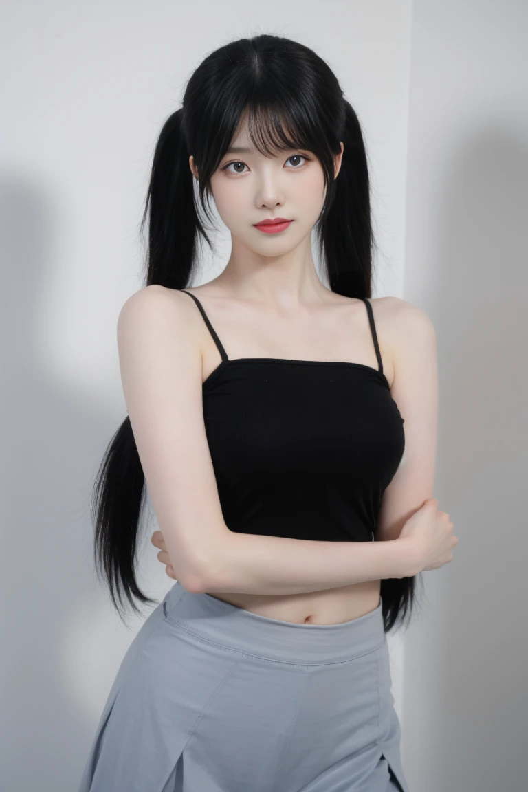 best quality, tmasterpiece,Ultra-high resolution,Clear face,(Reality:1.4),ferpect lighting,(upper body shot), (photorealistic:1.50), anime wallpaper, Guviz style artwork, cover-up fantasy up to magic , by Yang J, Guviz, beautiful artwork illustration, beautiful digital artwork, beautiful digital illustration, Li Song, beautiful anime portrait, art style in Beauvot, 1girl, 独奏, long hair, (twintails:1.3), black hair, Tank top, Pleated skirt, standing, Arms behind back, pale skin,perfect body,shiny skin,hitman,shenhe \(genshin impact\),(hair above one eye),long hair,tassels,tassel earrings ,(close-up photos:1.1),(super giant breasts:1.3),(arms behind back),white hair,(hair ornament),