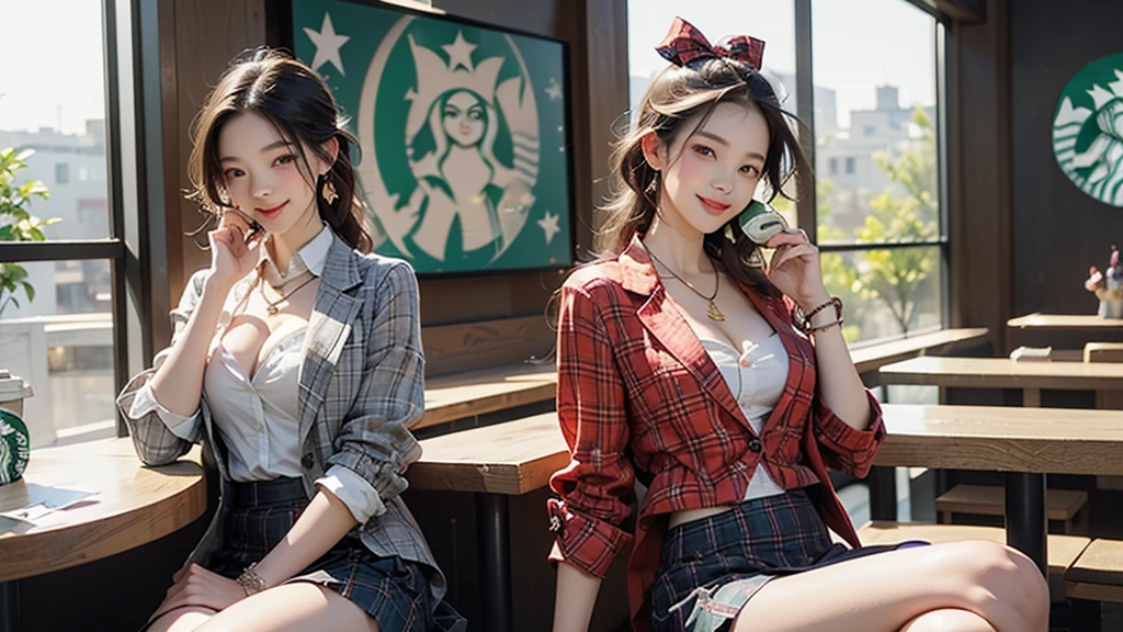 8K、RAW Photos、Highest quality、Super detailed、Super Resolution、Ultra HD、8K壁紙、Amazing details blazer uniform girl ((White blouse with formal collar, A nice red blazer, Black plaid skirt, Red checkered ribbon on blouse)), Complete limbs, Full Finger,
((((Inside the Starbucks store))))、16 year old female student、(((Eat cake、Drink coffee、smile)))、Heart Necklace、Gold bracelet
((Emphasize cleavage))
((((Woman sitting at the window seat))))
