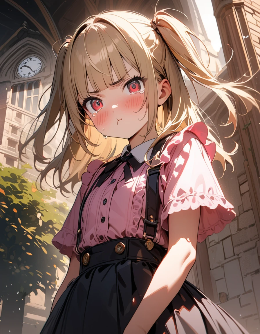 (8K, best quality, master piece: 1.2), super high resolution,1 girl,solo,yo,ultra-detailed face,detailed eyes,blonde,two side up,red eyes,blunt bangs,((pout)),(tearful),blush,white fasciator,short sleeves frilled pink blouse,blachk suspender skirt,upper body,Standing in front of the clock tower,rim light,Park