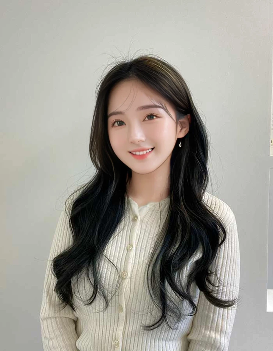 Best Quality, 8k, Masterpiece, (Portrait: 1.3), (photo realistic:1.4), (hyper realistic:1.4), Sharp Focus, looking at viewer, (smoother lighting:1.1), (increase cinematic lighting quality:0.9), realistic lighting, backlighting, light on face, ray trace, (brightening light:1.2), (Increase quality:1.4), sharp detail, (best quality real texture skin:1.4), finely detailed eyes, black_eyes, finely detailed face, 25 year old Korean woman,smiling_face