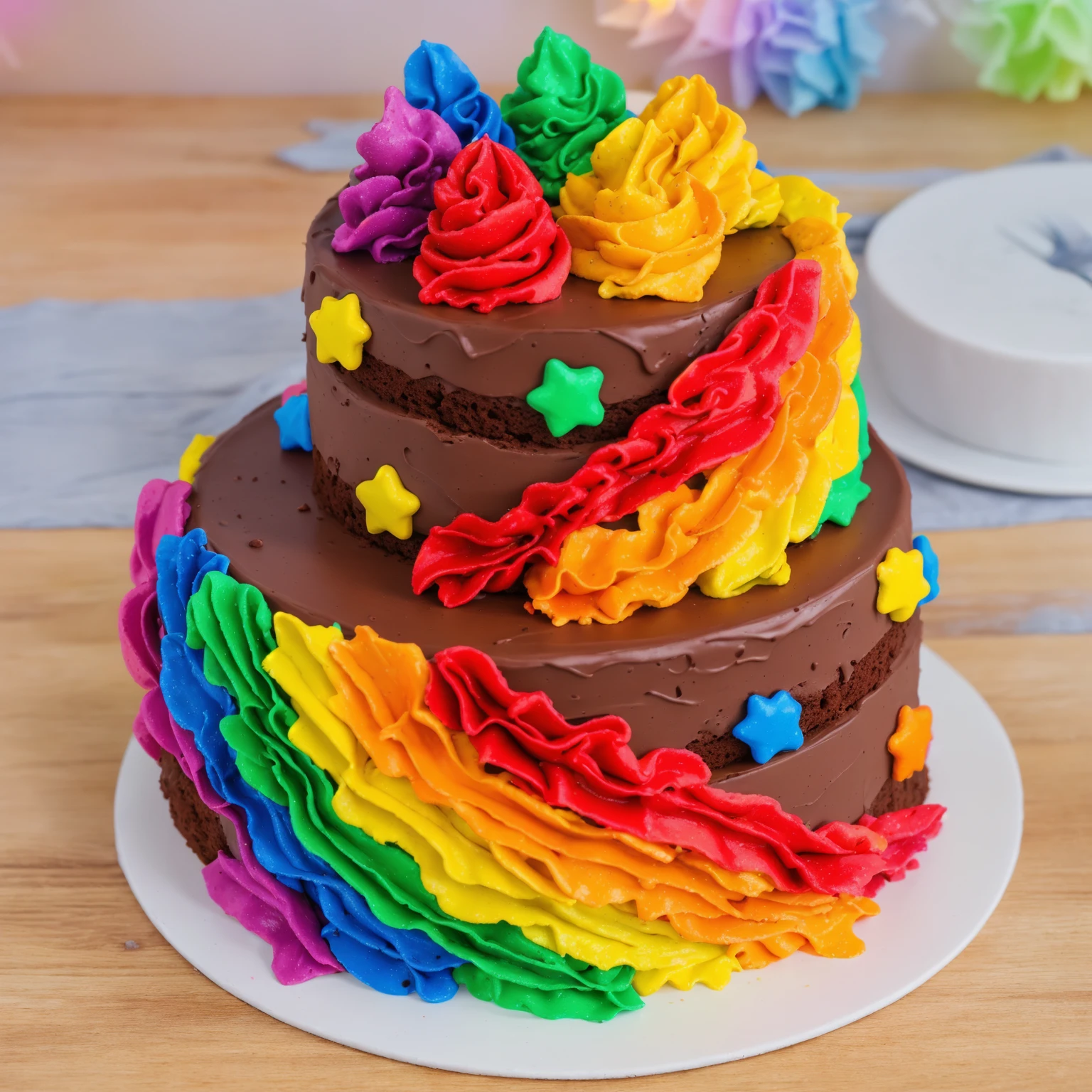 on a wooden table. there is a white plate. double tier chocolate cake, rainbow cream in the form of ruffles, decorated with rainbow stars made of polymer clay, multi-colored cream on top, against the background of the kitchen, Beautiful light from the window, Contour light, several light sources, beautiful lighting, Bright light source, bright lighting, beautiful light sources, Multiple light sources, Realistic style , realistic texture, detailed texture, A high resolution, high quality, beautiful photo of the cake, advertising photo, macro photography