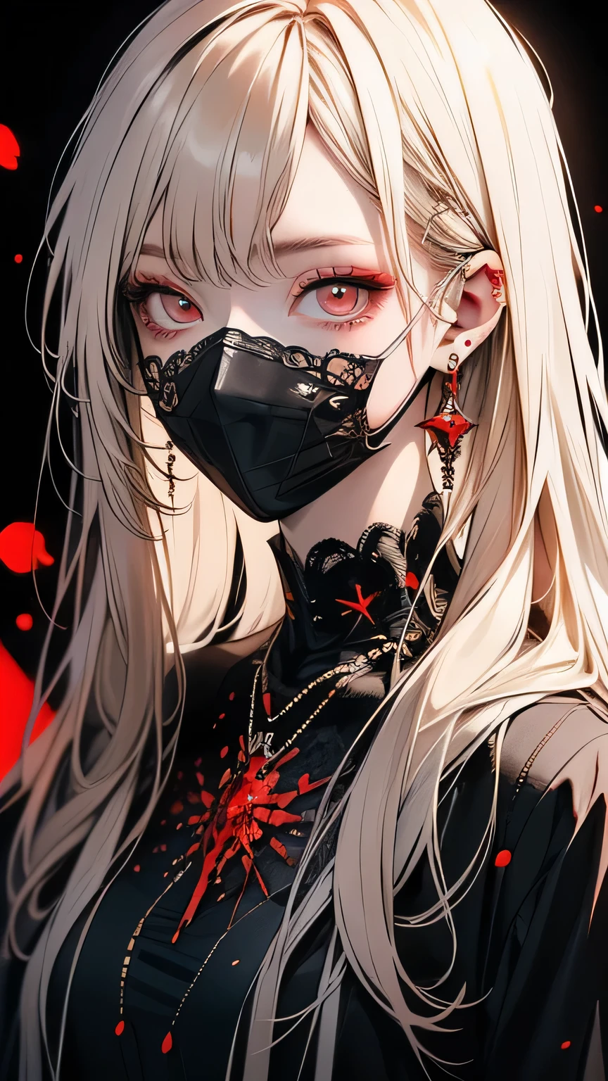 ((masterpiece,Highest quality)),One girl,Beautiful attention to detail, Detailed face, (whole body:1.2), Long white hair, Red eyes,Mid-chest, (Black background:1.2), Blood particles, Shaded face