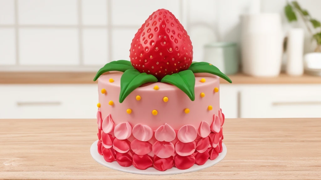 in the kitchen, on a wooden table, on a porcelain plate, a tiny pink cream cake, the bottom is decorated with cream petals, on top of the cake is a polymer clay candy in the form of a strawberry with leaves, the cake is decorated with tiny yellow dragee candies, bright lights, soft light, window light, professional lighting, light from the window, neat light, realistic texture, realistic style, detailed texture, high quality, high resolution, high quality rendering, realistic photo, brightning light, macro photo, 4k ultra HD