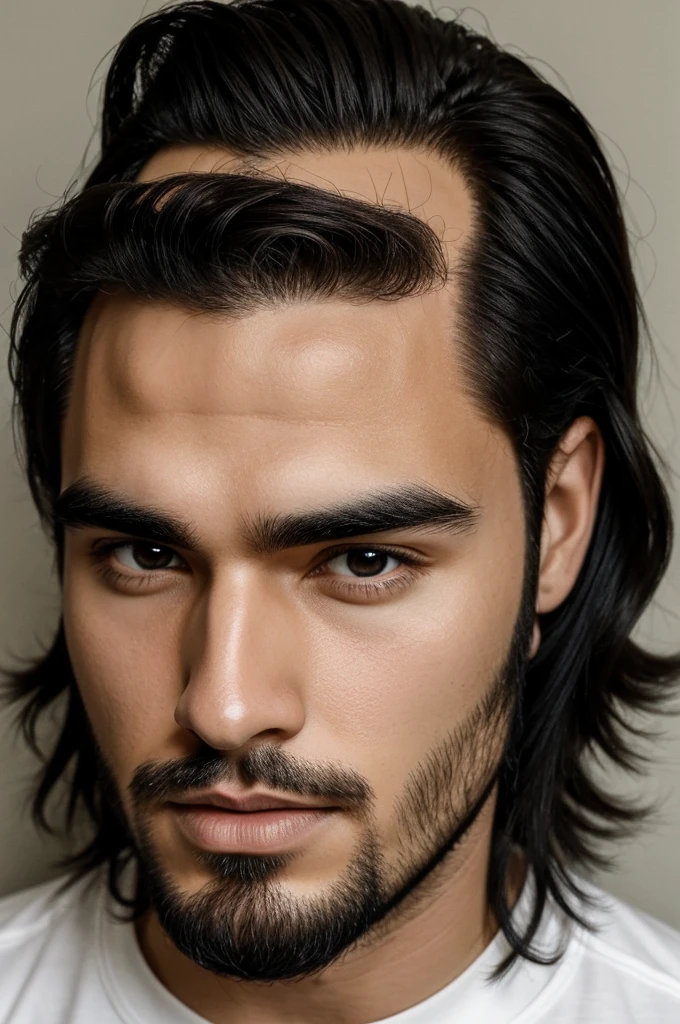 27 year old man, White, high, medium long black hair well combed, Big eyebrows, Brown eyes.