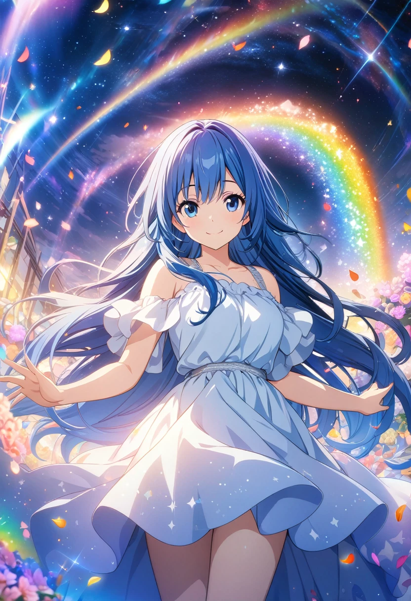 (wallpaper 8k CG), (masterpiece), (best quality), Anime style, masterpiece, long hair, girl, (smile), flower-petals rainbow-colored musical notes and stars flowing from her fluttering blue hair. The background is a galaxy, star, light