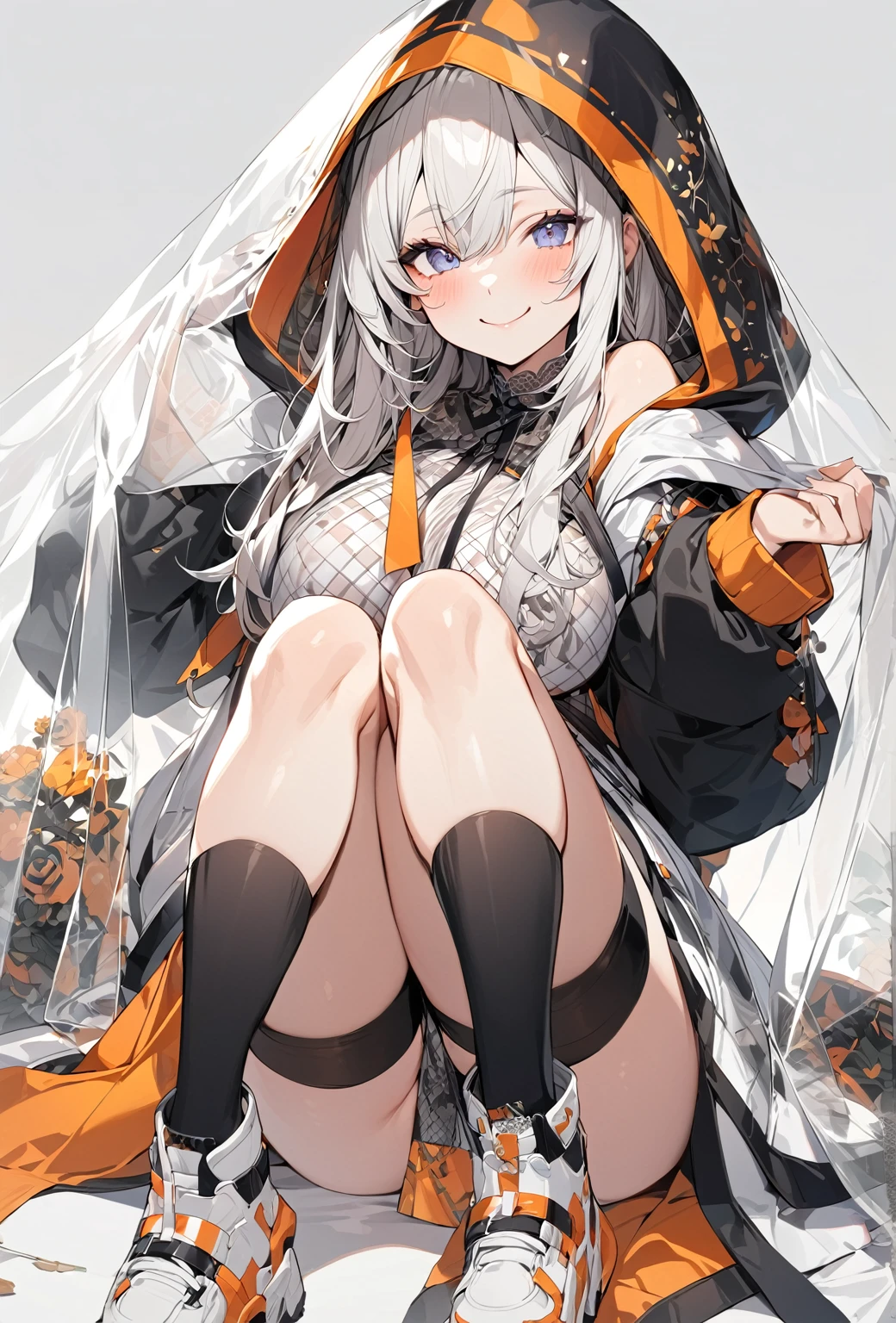 ((Highest quality)), ((masterpiece)), ((Very detailed)), (Very mature),A cute high school girl with a gentle look, white hair and about 165cm tall.,A female high school student with big breasts and a cute smile wearing a transparent black waifus with a cute patterned hood that shows off her shoulders, 顔が若干縦方向に長いbright笑顔の女性,Small Faced Woman,alone, Cute attitude,(background(bright),Long Hair - Straight,Knee-high socks、A transparent white veil with a cute pattern and a hood with white off-the-shoulders,White wall、Sitting、Facing the viewer、縁に模様がある壁が1面のbackground