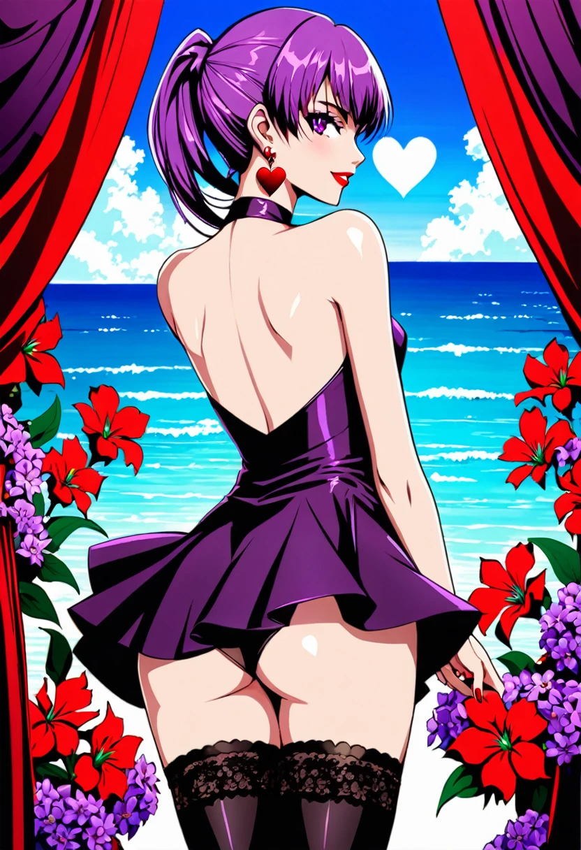(anime, masterpiece) intricate, summer sea aestetic background, comics_darkstalkers_morrigan_aensland, 1girl, Slender hips, slim stomach, thin waist, posing, back view, aesthetically pleasing rear view, looking at viewer, medium breasts, slim body, violet hair, violet eyes, skimpy black silk dress, long hair, black garter stockings, symmetrical stocking size, very short mini skirt, lingerie, heart shaped earrings, girly decorations, solo, flowers, modest smile, bright red lipstick, painted nails (red), from behind