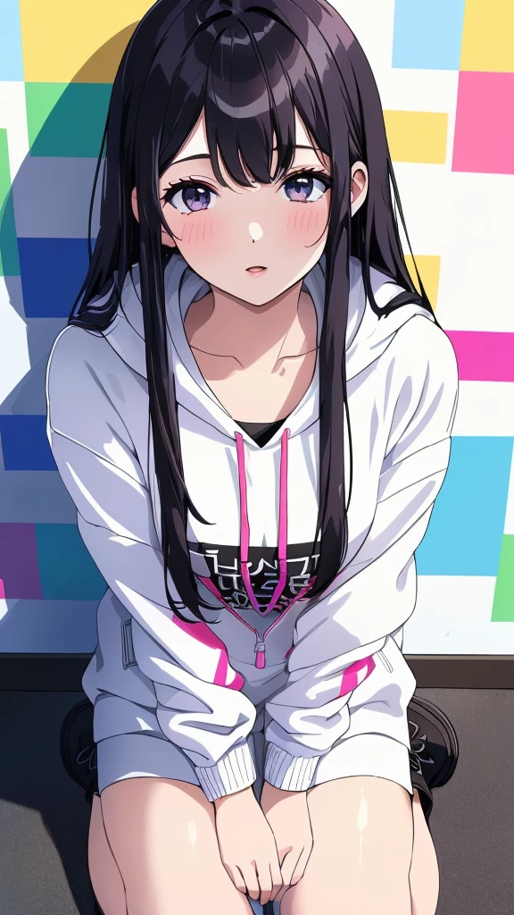 (((Highly detailed CG unit 8K wallpaper:1.2, masterpiece, High resolution:1.2, Highest quality:1.2, Tabletop))), ((Very beautiful woman, Place your hands behind your back.:1.8, Grunge Fashion, Wearing a colorful hoodie, White leggings, Putting on your shoes)), ((Highly detailed face, Highly detailed black eyes, Highly detailed body, Highest qualityのリアルテクスチャスキン)), (Black-haired, Hair length, White skin, small), ((colorful geometric pattern wall, Colorful wall)), (High Angle:1.2), Surreal, Digital Painting,