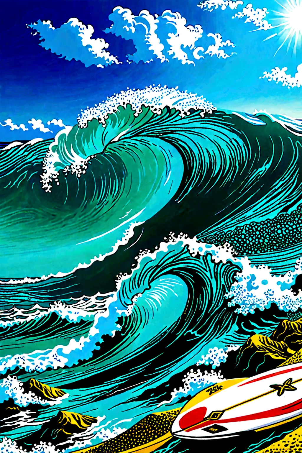 Medium shot,Multiplayer,surf, 站在surf板上, surf摄影, Turquoise Ocean, dream wave aesthetic, turquoise water,旁边有Beach, ((wave, Amazing wallpapers, Stunning visuals, Ocean Tide, wave, wave, Blue water, swim in the sea, clear blue water,surf,Summer style,Beach