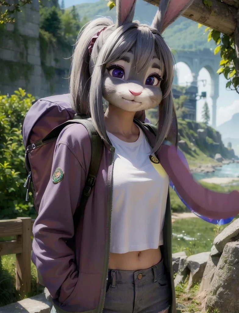 Highest quality,
masterpiece,
Ultra-realistic,
Super detailed,
Beautiful details,
4K，8K，upper,
pixar,
Photo realistic,
Medium Shot,
Background is ((Magnificent mountain)),
Realistic lighting,
hiking woman, 

((Anthropomorphic rabbit)),
Detailed animals,
Complex patterns,
(Furry:1.35),
(All skin is grey:1.3),
(The body is fluffy and bushy:1.3),
Realistic fur,

Human hand,

(Judy Hopps face:1.35),
((ponytail hair)),
((side part bangs)), bangs,
((dark gray hair color)),
Purple eyes,
{Eye highlights, Clear eyes, Eyes sparkling, Large, round pupils},
Detailed Iris, 
(Eyebrows raised:1.2),
(Crescent eyebrows:1.3),
(Bunny ears:1.3),
Smiling happily,
raised corners of mouth,

The woman is wearing T-shirt over the check shirt and shorts,
((White T-shirt)) BREAK ((gingham check shirt)) BREAK ((wine red Trekking Shorts)),
carry a backpack, rucksack,

(alone:1.5),
(1 Female:1.5),
Only 1 character,
Perfect Anatomy,

Lighting forward,
Lighting front,
sunlight, 
Intricate details, 
Ray Tracing, 
Realistic, 