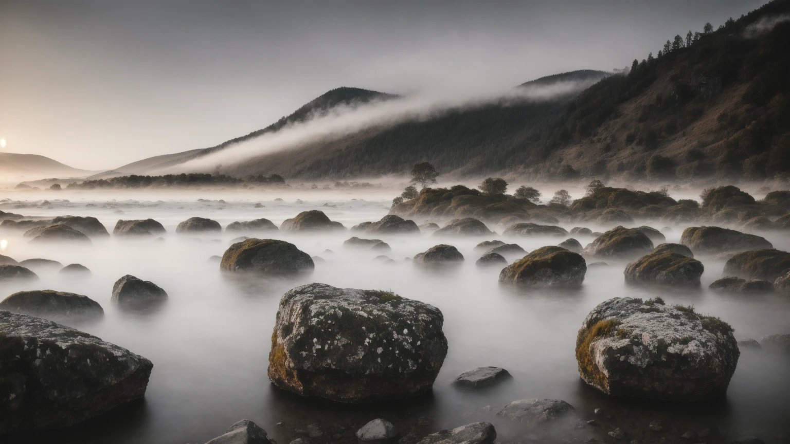 RAW photo of a landscape, morning fog, texture of stones, small details, photorealistic, ultra-realistic photo, 8k uhd, dslr, soft lighting, high quality, film grain, Fujifilm XT3, (masterpiece)  