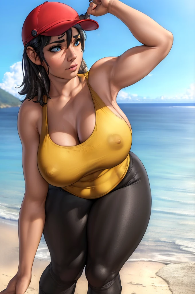 (4k, best quality, masterpiece:1.2), (realistic, photo-realistic:1.37),skye , on a beach, , , yellow tank top, blue eyes , thick things, aroused, horny, red hat, standing,, black yoga pants