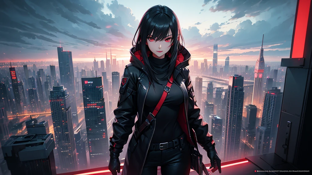 最high resolution,high resolution,Legendary Assassin, Beautiful Teenage Woman,Small breasts,black hooded coat , Grey Shirt,Black pants,Fearless smile, Red lips, Black Hair, Red eyes, realism, Night city view from the top of a skyscraper,Neon Town,Digital Painting, Concept Art, Smooth, Sharp focus, Three-part method, Style Psycho,Detailed Eyes,assassin's creed