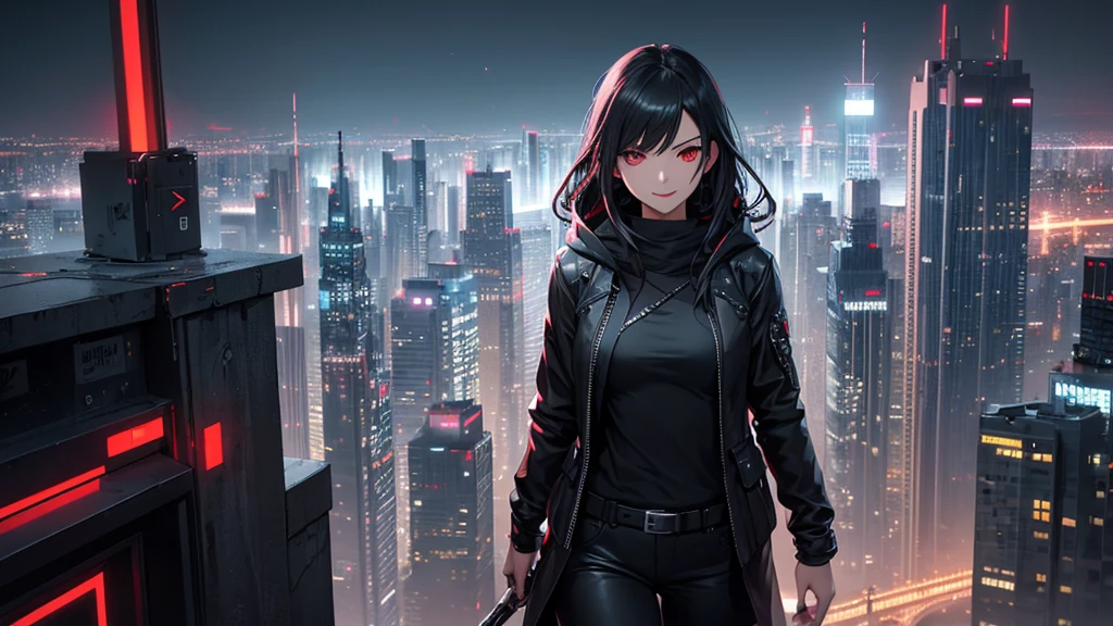 最high resolution,high resolution,Legendary Assassin, Beautiful Teenage Woman,Small breasts,black hooded coat , Grey Shirt,Black pants,Fearless smile, Red lips, Black Hair, Red eyes, realism, Night city view from the top of a skyscraper,Neon Town,Digital Painting, Concept Art, Smooth, Sharp focus, Three-part method, Style Psycho,Detailed Eyes,assassin&#39;s creed