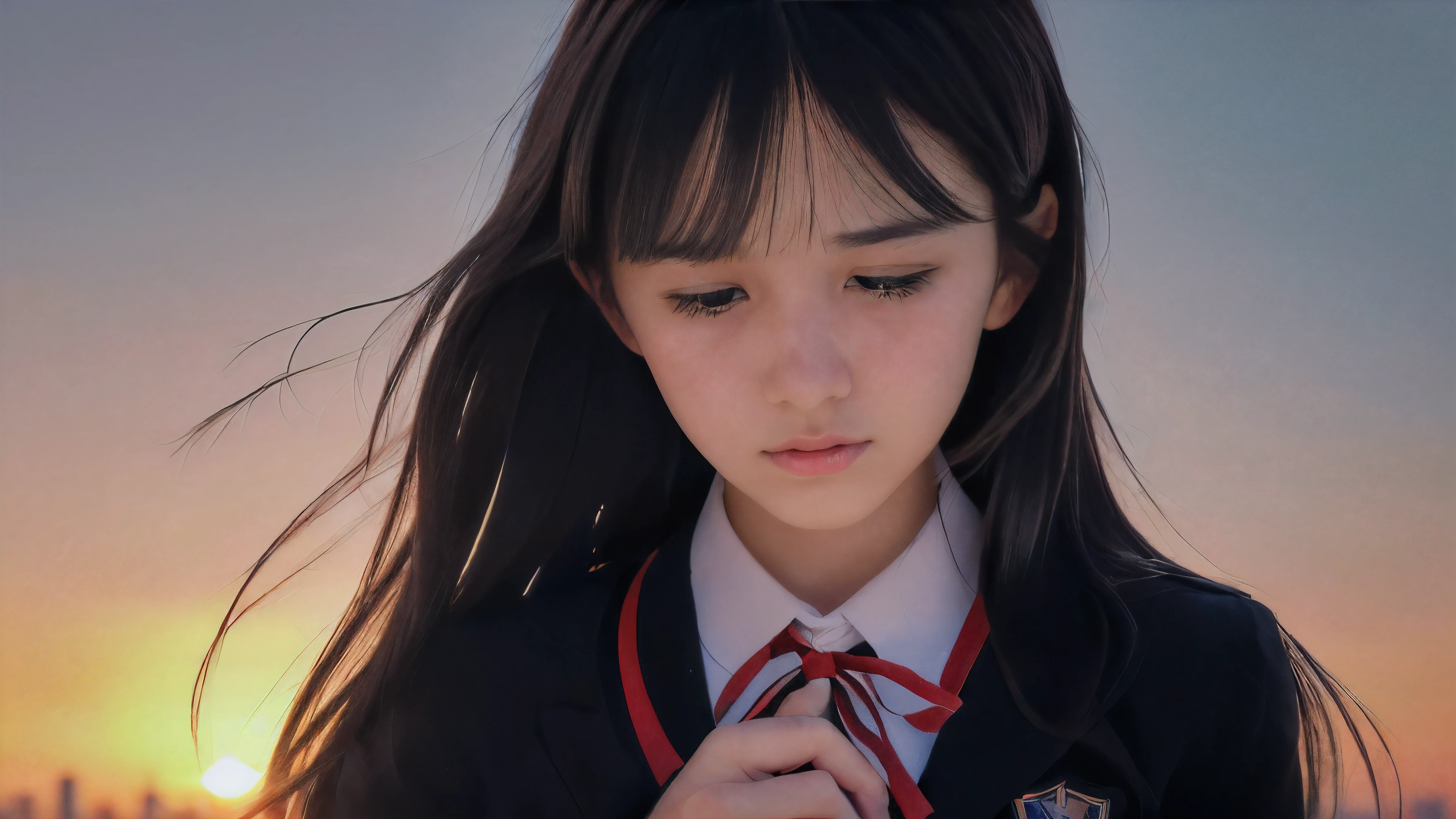 (Close up face shot of one slender small breasts two side up black medium hair bangs girl crying  with tears on her face in long sleeves black school uniform:1.5)、(One girl is turn around at sunset red sky with her face is reflected sunset light and her hair is blowing in long sleeves black school uniform:1.5)、(Beautiful red sunset sky at skyscraper city landscape:1.5)、(8k ultra detailed master piece:1.5)、(perfect anatomy:1.5)、(Photorealistic stick:1.5)、(Raw photo:1.3)、(highest quality:1.5)、(High resolution:1.3)、(Delicate and beautiful perfect face:1.3)、(Delicate and beautiful eye air skin:1.3)、(Real Human Skin:1.3)、((thin legs))