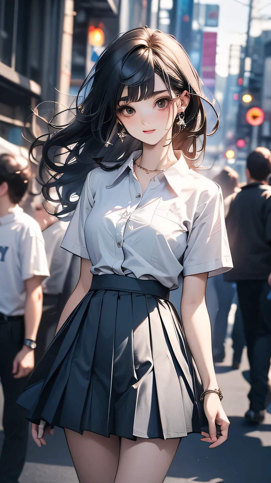 (Highly detailed CG:1.2), (masterpiece:1.2), (Highest quality:1.2),,((Absurd)),View your viewers,whole body, ,(One girl),alone,(Long Hair),(White shirt short sleeves),(Blue pleated skirt),(Long skirt),Dynamic Angle,Are standing,Dynamic pose,((Delicate facial features)),,