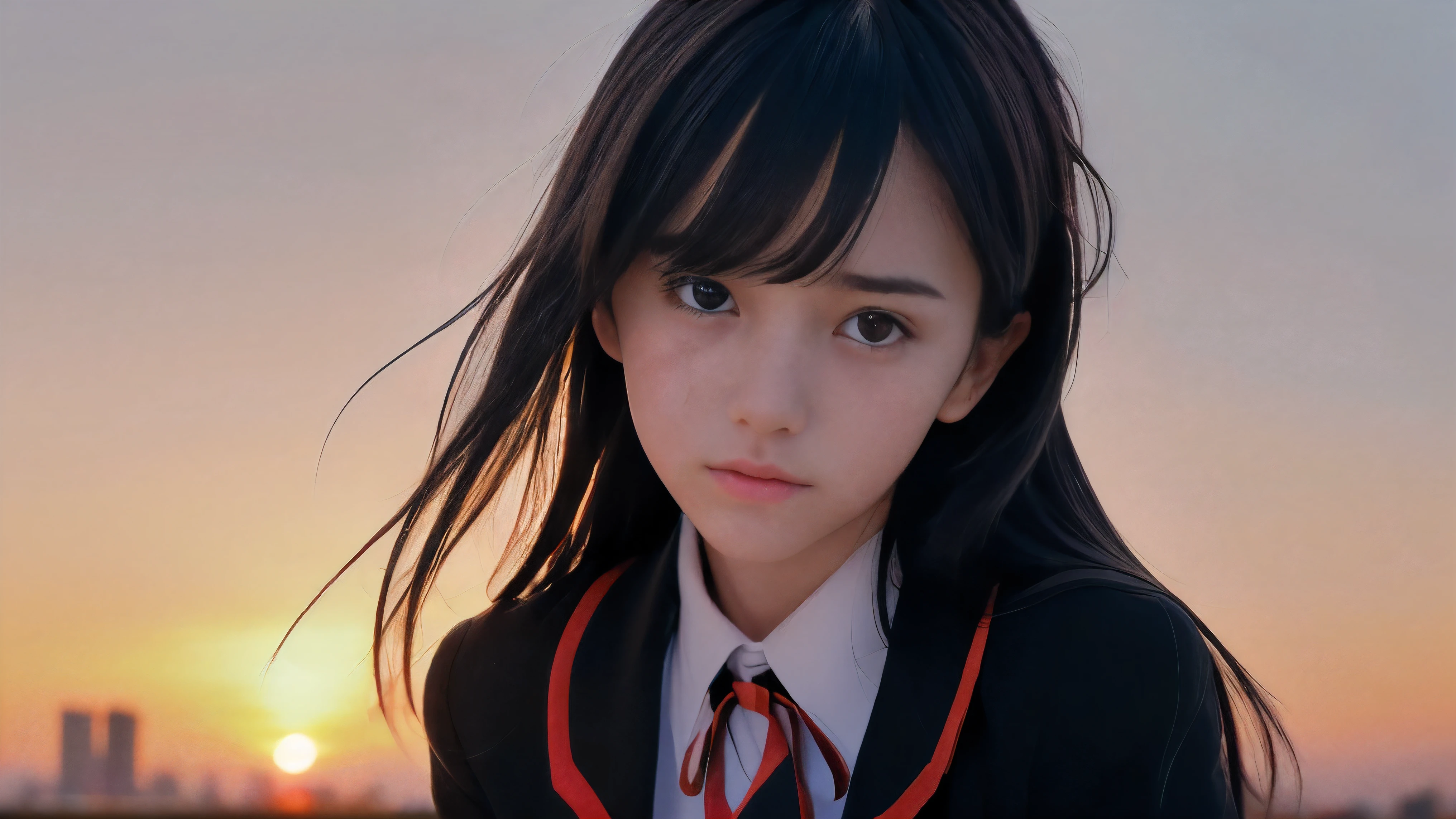(Close up face shot of one slender small breasts two side up black medium hair bangs girl crying with tears on her face in long sleeves black school uniform:1.5)、(One girl is turn around at sunset red sky with her face is reflected sunset light and her hair is blowing in long sleeves black school uniform:1.5)、(Beautiful red sunset sky at skyscraper city landscape:1.5)、(8k ultra detailed master piece:1.5)、(perfect anatomy:1.5)、(Photorealistic stick:1.5)、(Raw photo:1.3)、(highest quality:1.5)、(High resolution:1.3)、(Delicate and beautiful perfect face:1.3)、(Delicate and beautiful eye air skin:1.3)、(Real Human Skin:1.3)、((thin legs))