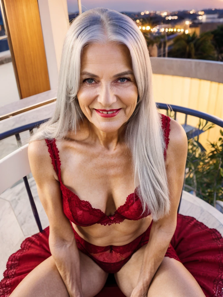 night, soft lights, old women Sixty years old, red lips, long-long white straight hair, hair on her eye, she smiling, posing on huge night balcony, sitiing on the chair, she weared red dress with black lace stockings, older beauty, jaw dropping mature older beauty, old face and body with wrinkles, old face, attractive grandma, a gorgeous old silver hair, beautiful old grandma, lovely older mature grandma, gorgeous beautiful grandma over 80 years old, beautiful silver hair grandma, beautiful detailed body and face, a beautiful old grany,
