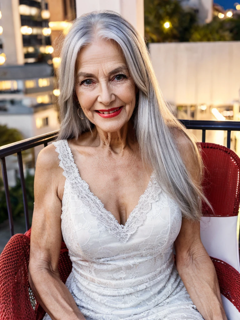 night, soft lights, old women Sixty years old, red lips, long-long white straight hair, hair on her eye, she smiling, posing on huge night balcony, sitiing on the chair, she weared red dress with black lace stockings, older beauty, jaw dropping mature older beauty, old face and body with wrinkles, old face, attractive grandma, a gorgeous old silver hair, beautiful old grandma, lovely older mature grandma, gorgeous beautiful grandma over 80 years old, beautiful silver hair grandma, beautiful detailed body and face, a beautiful old grany,
