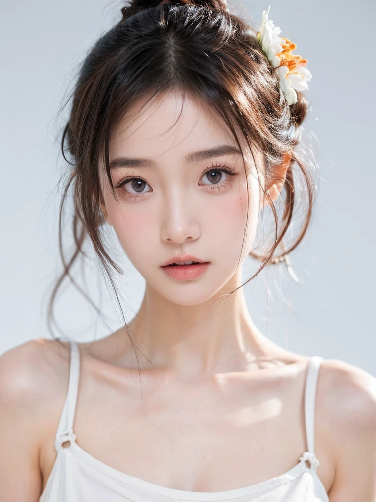 masterpiece,Best picture quality,Extreme details,Ultra-high resolution,Ultra-high definition,Beautiful young people,Glowing skin,thin,Black Hair,Half bun,1,big eyes,beautiful eyes,Lipstick,Exquisite facial features,Medium shot,Looking at the viewer, Tube Top Suspenders,Single tone background,White background,Soft light,Wear flowers on your head