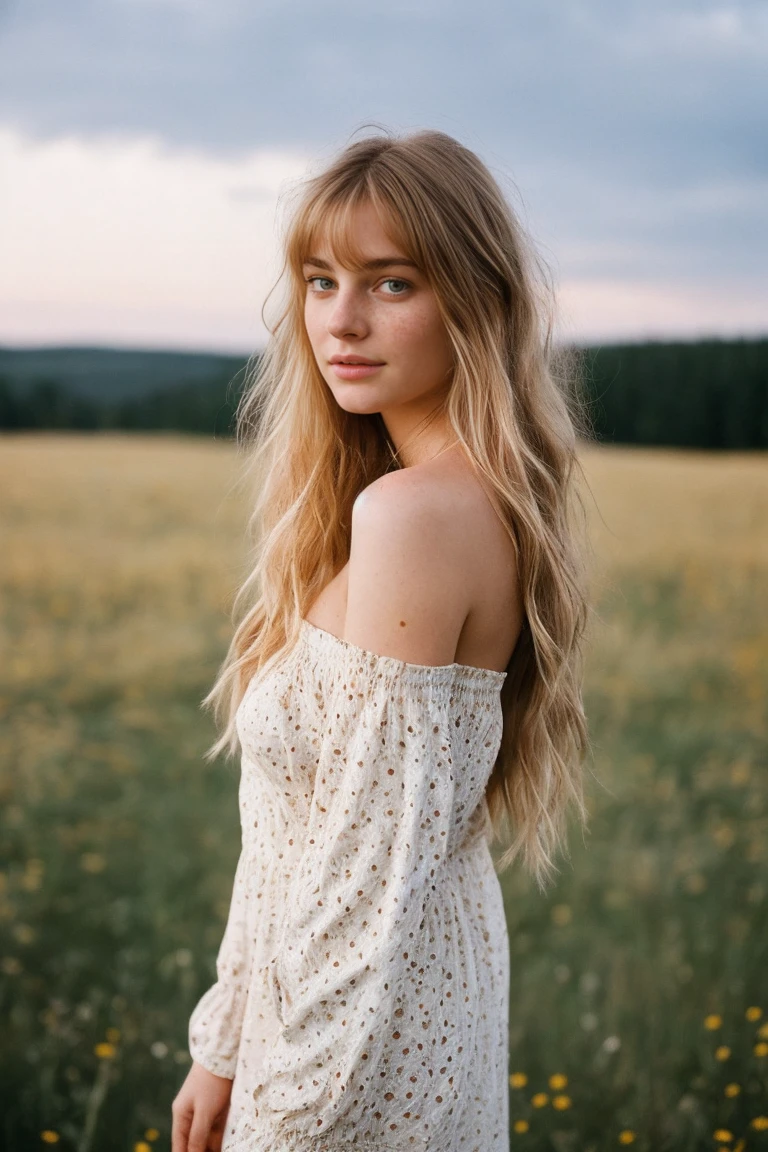 realistic photo of a woman beautiful face, cute appearance, long wavy blonde hair with bangs, freckles, in an off-shoulder dress, standing in an meadow, relaxed expression, brimming with emotion, interplay of contrast along with detailed light and shadow, depth of field, dark atmosphere with candlelight scenario,