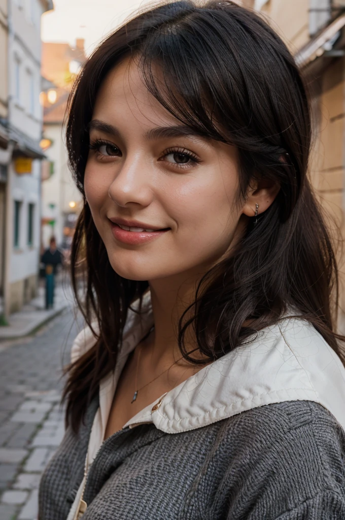 black hair, slovenian girl, 25 years old, solid circle brown eyes, smile, ear blush, atmosphere perspective, 8k, super detail. ccurate, best quality