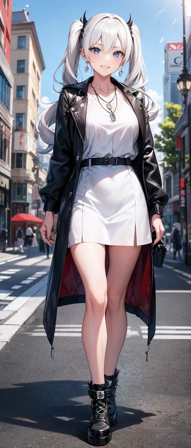 High resolution, high resolution,2D Anime Style,,Cool woman,Mature look,tall,20th Generation,White hair long hair,Curly hair twin tails,Light blue eyes,Gal,Beautiful watch,Beautiful earrings,Beautiful necklace,Wearing a jacket,,Punk Fashion,He is smiling,Has fangs,whole body,Walking around the city,