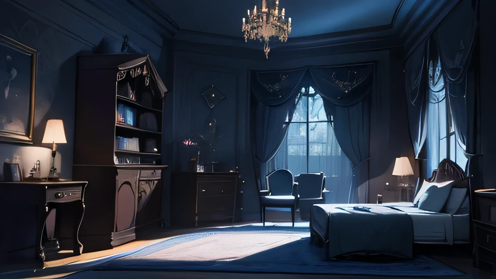 A highly detailed, There is a loft at the back、gothic-style illustration of a spacious indoor room at night, with a wide composition showcasing a gothic-style bed, a chandelier, gothic-style furniture, bookshelves, and a plush rug, all bathed in a moody, dark atmosphere with a beautiful night sky visible through the lace curtains, featuring a crescent moon and twinkling stars, masterpiece, (best quality,8k,ultra-detailed,hyper-realistic,extremely detailed),(intricate,gothic,dark fantasy:1.2),dramatic lighting,moody atmosphere,cinematic,elegant,luxurious interior,minimal human presence,(pink and black color palette:1.1),ethereal,mystical,atmospheric,studio lighting,physically-based rendering、large room、Soft moonlight、(cute room)