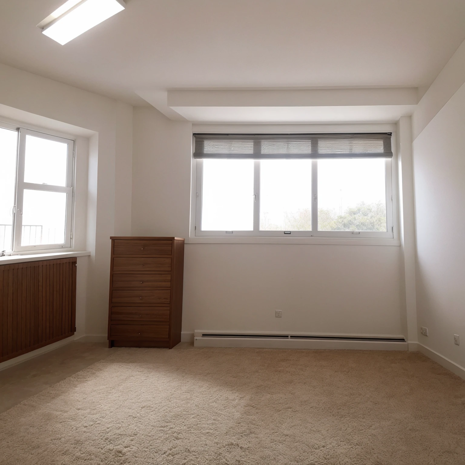 Highest quality，masterpiece，interior design，unmanned，Studio，living room，window，Daytime，sunlight、studio、Apartment、The walls are white、There is nothing in the room、refrigerator