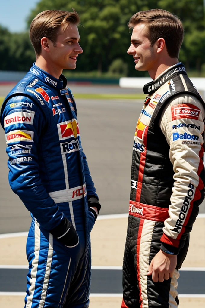 Two young man of 25 years after a formula 1 race, still in racing suit. They are close to each other looking in each other eyes with a smirk. One of them have blond hair and the other have brown hair and is a little bit taller