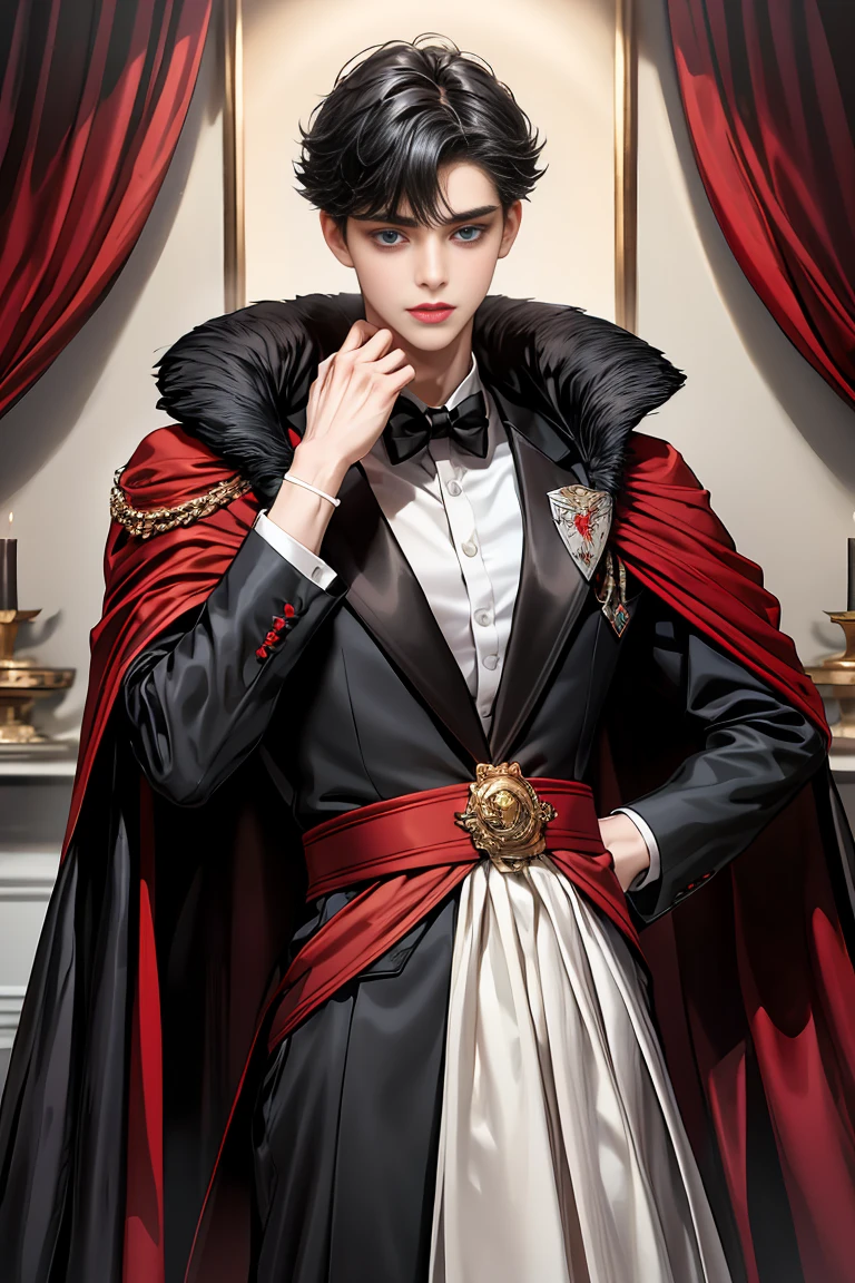 masterpiece, 最high quality, high quality, 1 boy, alone, Male focus, Watching the audience, Messy black hair, Adorable big blue eyes, White people, Noble, Noble,Sexy voluminous black and red cape、Tuxedo、A very voluminous, large, very large, very large, long, long red and black cape with a high stand-up collar, reaching down to the floor, made of a lot of fabric., 17 years old,Cute beautiful boys,Cute, cute, kind, handsome guy