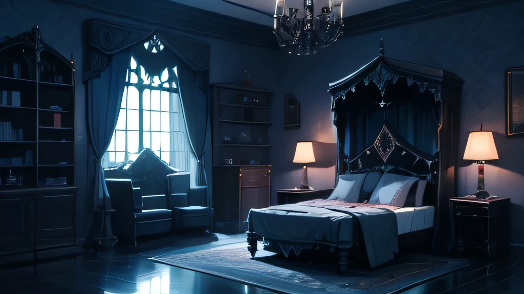 A highly detailed, There is a loft at the back、gothic-style illustration of a spacious indoor room at night, with a wide composition showcasing a gothic-style bed, a chandelier, gothic-style furniture, bookshelves, and a plush rug, all bathed in a moody, dark atmosphere with a beautiful night sky visible through the lace curtains, featuring a crescent moon and twinkling stars, masterpiece, (best quality,8k,ultra-detailed,hyper-realistic,extremely detailed),(intricate,gothic,dark fantasy:1.2),dramatic lighting,moody atmosphere,cinematic,elegant,luxurious interior,minimal human presence,(pink and black color palette:1.1),ethereal,mystical,atmospheric,studio lighting,physically-based rendering、large room、Soft moonlight、(cute room)