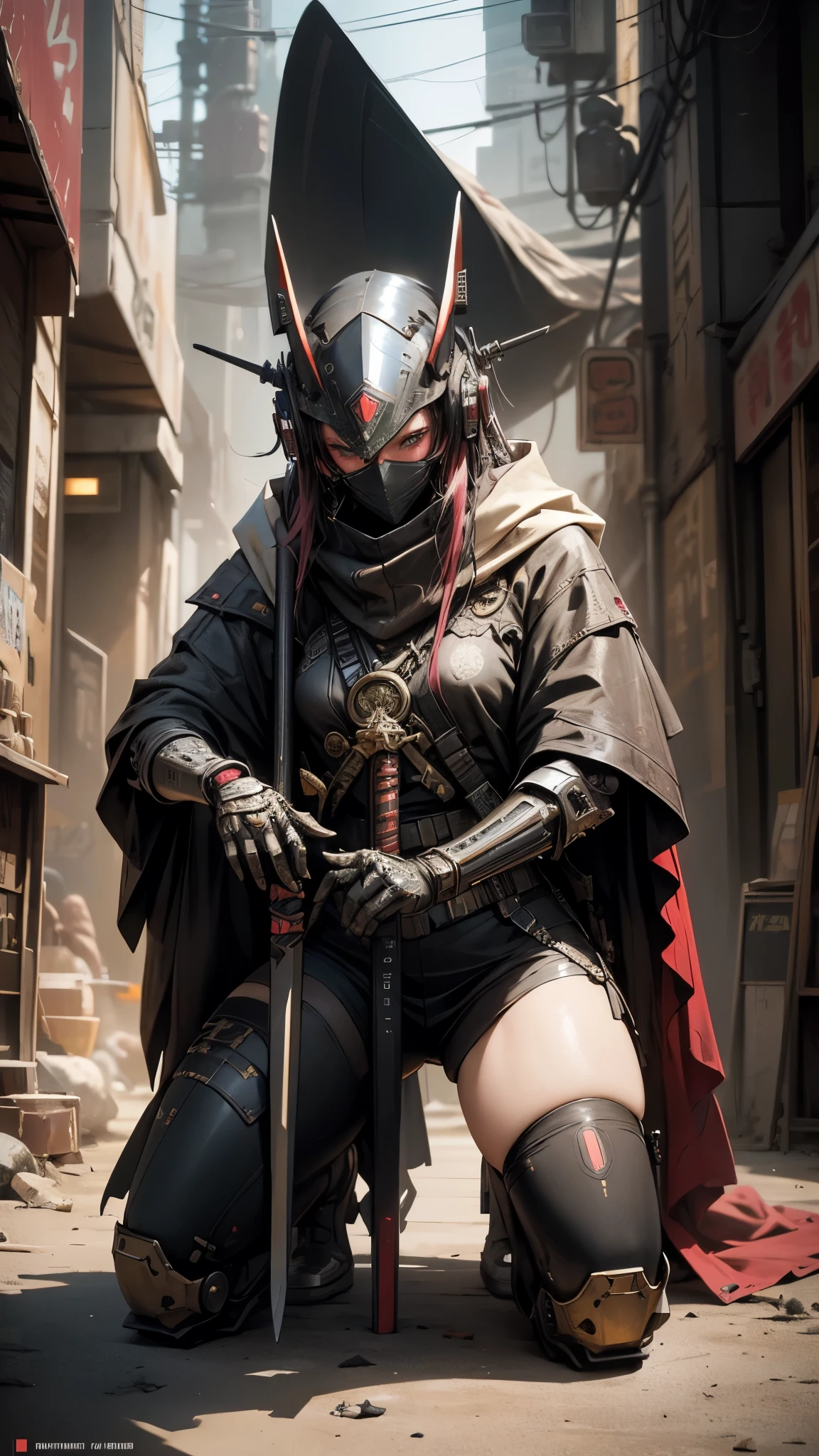 A nomadic robot, in the desert, wearing a disheveled shawl, holding a staff, wearing a large metal hat, rough, rusty, dusty body, thin frame, tall, cyberpunk, Cyborg., Session surreal version of a woman kneeling down on one leg holding a sword in her hand, very beautiful cyberpunk samurai, anime cyberpunk art, cyberpunk samurai, cyberpunk anime art, cyberpunk anime, cgsociety 9, technical cyberpunk anime art number, style of maciej kuciara.1girl, samurai armor, devil mask helmet, intricate, detailed ornaments, cool colors, metallic, Egyptian details, extremely intricate details, luster realistic lighting, trends in cgs society, glowing eyes, facing camera, neon details, surreal details, full body portrait, Japanese atmosphere, global illumination, shadows, rendering octane, 8k, super sharp. cool lolita.