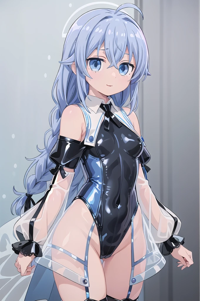 1girl,solo,cowboy shot,(standard height),standing,(blue hair:1.2),long hair,twin braids,ahoge,(blue eyes:1.2),(beautiful fingers:1.2),(perfect ???????:1.4),(arms_behind_back:1.4),(cold_shoulder:1.4),(pastel blue leather lace glossy silk lamé leotard:1.6),(latex luster shiny glossy metallic:1.4),(shiny_clothes:1.4),(??????????????:1.4),(masterpiece:1.2),best quality,(Ultra high definition eyes:1.2),8k,(Beautiful detailed eyes:1.2),(Fine and beautiful eyes:1.2),(pretty eyes:1.2),finely detail,extremely CG, absurdres,high resolution,illustration,Detailed and beautiful outlines,finely detail,high resolution,(colorful refraction:1.4,Increase saturation:1.2),beautiful lighting,dynamic lighting,closed room,black background,simple background, smile,looking at viewer,white dress, neck ribbon, black ribbon, brown cape,(white Clear PVC sheets sleeves:1.4),(sheer sleeves:1.4),(see-through sleeves:1.4),(wide sleeves:1.2),(pastel blue thigh boots:1.2)