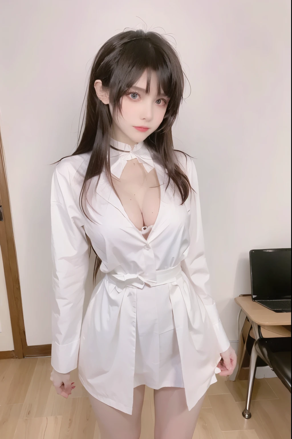Beautiful woman with perfect body:1.4,Layered Hairstyle,Highly detailed face and skin textures,Double eyelids,Skin Whitening,Long hair,Whitened long legs,(Uniforms,Collar),Standing in the classroom