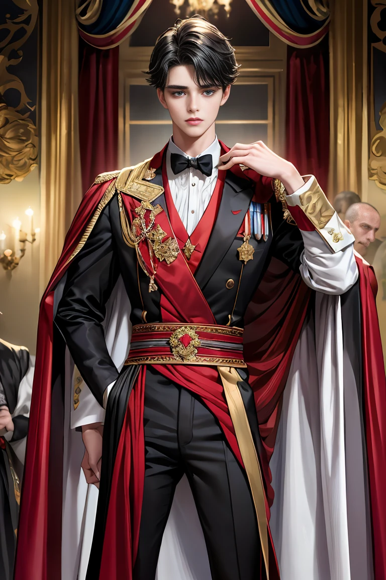 masterpiece, 最high quality, high quality, 1 boy, alone, Male focus, Watching the audience, Messy black hair, Adorable big blue eyes, White people, Noble, Noble,Sexy voluminous black and red cape、Tuxedo、A very voluminous, large, very large, very large, long, long red and black cape with a high stand-up collar, reaching down to the floor, made of a lot of fabric., ,Cute beautiful boys,Cute, cute, kind, handsome guy