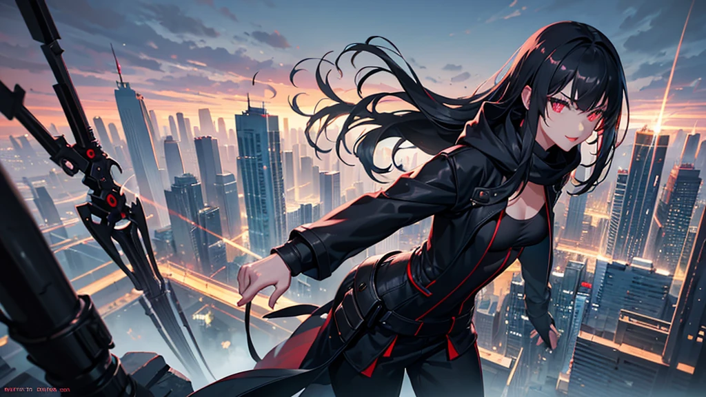 最high resolution,high resolution,Legendary Assassin, Beautiful Teenage Woman,Small breasts,black hooded coat , Grey Shirt,Black pants,Fearless smile, Red lips, Black Hair, Red eyes, realism, Night city view from the top of a skyscraper,Neon Town,Digital Painting, Concept Art, Smooth, Sharp focus, Three-part method, Style Psycho,Detailed Eyes,assassin's creed