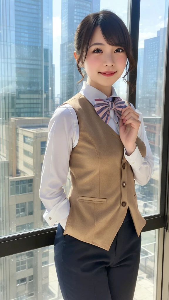 1girl, matured female, vest, bow, photo, realistic, best quality, hires, detailed face, office, buildings from window, detailed background, diffused sunlight, depth of field, bokeh