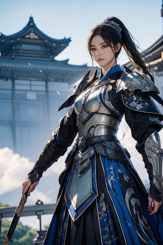 super beauty、blue armor 솔로 성인 남자、Standing looking straight ahead、blue armor、A magnificent work of art、((Kyoto panel painting style))、wind effect:1.9、Cloud effect:1.2、full rendering、ominous picture、Unreal Engine、Advanced armor patterns and decorations, surrealism,Armor Details, high resolution, Front facing pose