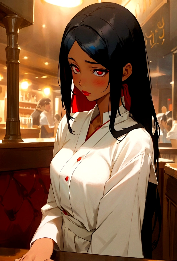 Conservative, modest, white dressed, anime, girl, non-realistic, religious, anime, beautiful, strictly anime, tan-skinned, Spanish, working in a pub, innocent looking, working in a pub, red lipstick, black hair, scarlet eyes