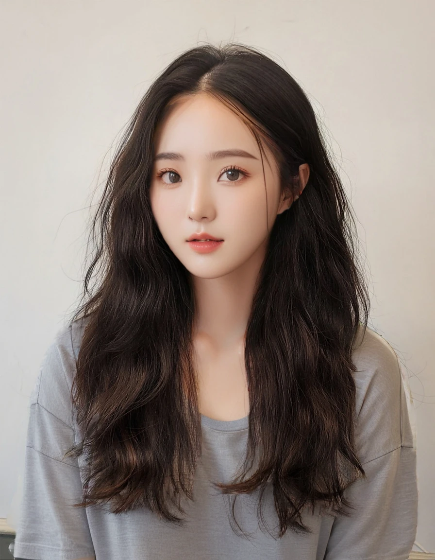 Best Quality, 8k, Masterpiece, (Portrait: 1.3), (photo realistic:1.4), (hyper realistic:1.4), Sharp Focus, looking at viewer, (smoother lighting:1.1), (increase cinematic lighting quality:0.9), realistic lighting, backlighting, light on face, ray trace, (brightening light:1.2), (Increase quality:1.4), sharp detail, (best quality real texture skin:1.4), finely detailed eyes, black_eyes, finely detailed face, 25 year old Korean woman, (gray t_shirt:1.4), (Create an image maintaining the original base model hairstyle:1.5)
