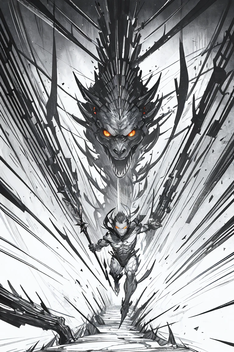 in,line-drawing,monochromes,sketch,Pencil drawing,comic strip、manga comics, dystopian, Traditional Media,、(Detailed background:1.3) Kaiju form of a man, Masterpiece, Best quality, 8K, Detailed skin texture, obsidian-like plates that overlap like armor, reptilian head, obsidian spikes running from the forehead to the back of the neck. Four glowing amber eyes, arms with massive claws and blades, feet have three large, taloned toes, A long, whip-like tail ending in a mace-like cluster of obsidian spike, orange lines and aura in between armor. HD. city background destroyed. ultra HD, masterpiece, 4k, 8k