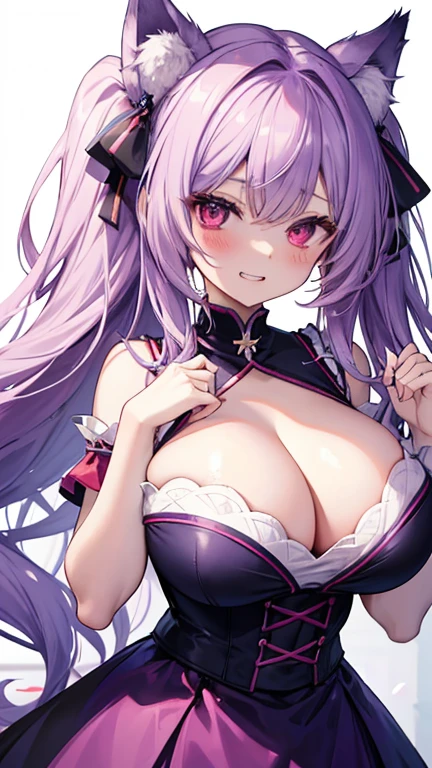 Wolf Woman, big Breasts, Voluminous light purple hair, One Girl, masterpiece , Red eyes、八重teeth、teeth、Blushed、 High resolution, Head to Chest, buried in my chest、Underbust、Cleavage、Cheerleader、big 、Please open your mouth wide、Grin、white irises