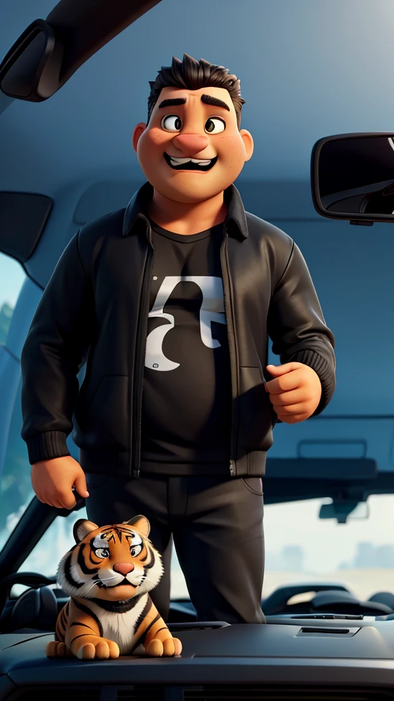 A fat tiger in a black jacket driving a black Camaro with cell phone in hand
