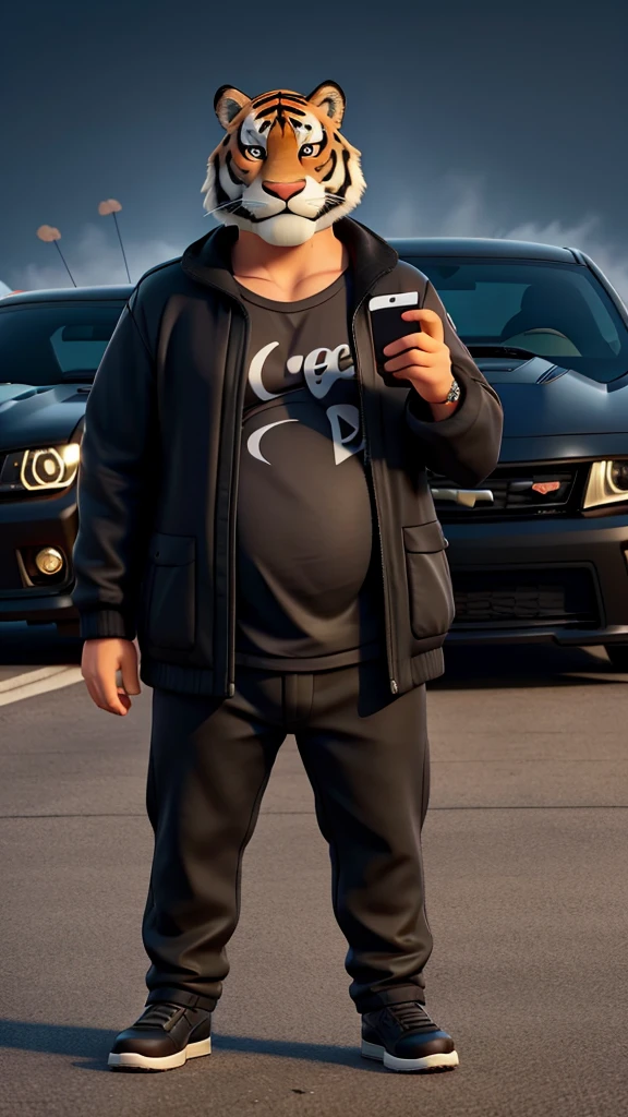 A fat tiger in a black jacket driving a black Camaro with cell phone in hand