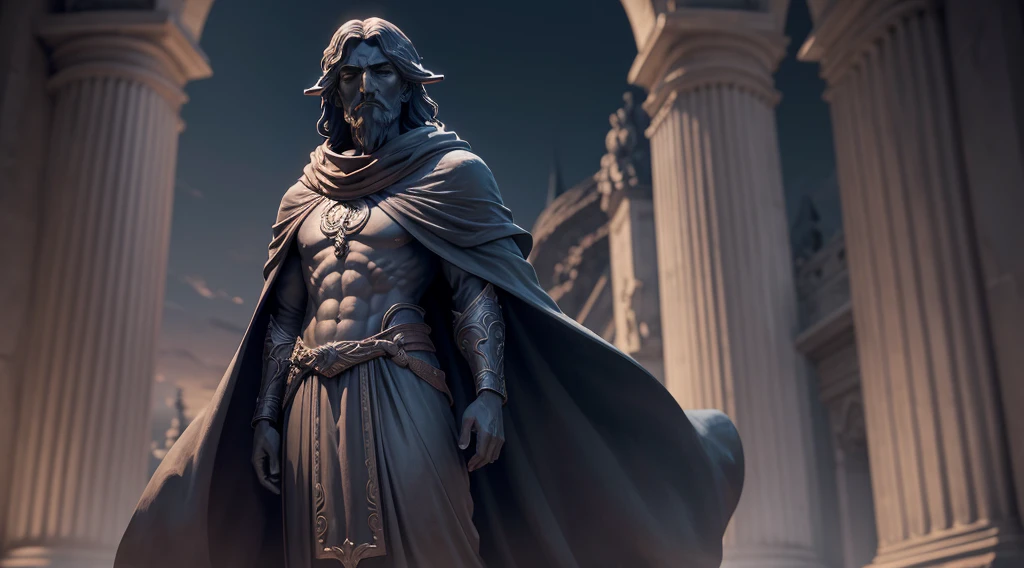 Stoic statue, with an expression of wisdom, wearing a long cloak and tunic over the entire body, dark evening, to the open sky, 35mm, sideways, Filmado em Sony A7S III com Sony FE 35mm f/1.8, 12.1 MP, --ar 3:2 --style raw