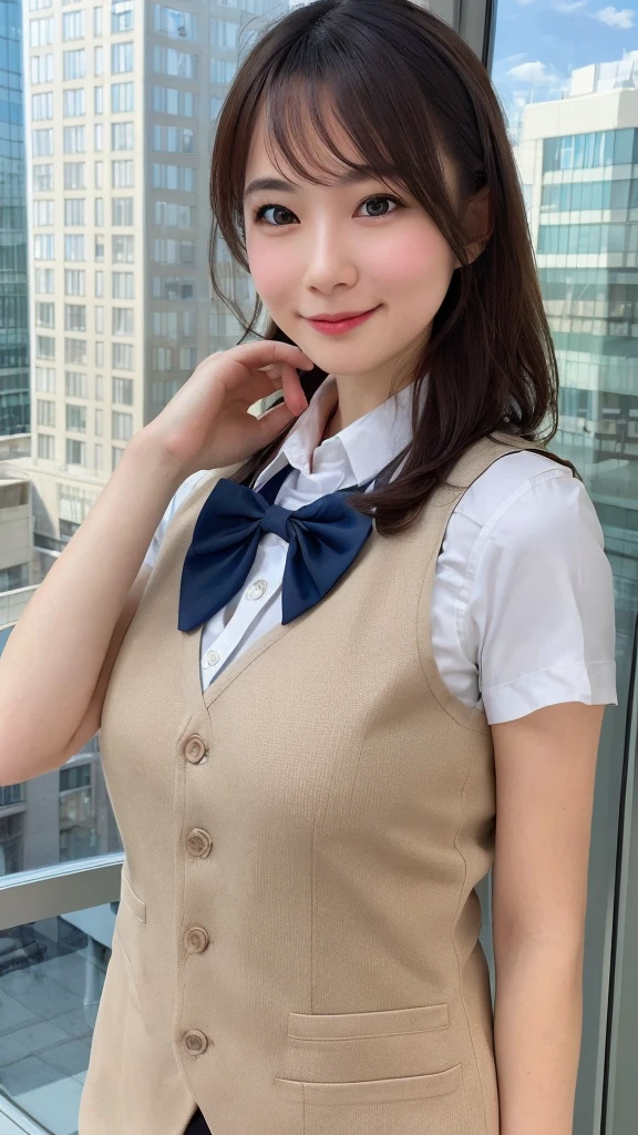 1girl, matured female, vest, bow, photo, realistic, best quality, hires, detailed face, office, buildings from window, detailed background, diffused sunlight, depth of field, bokeh