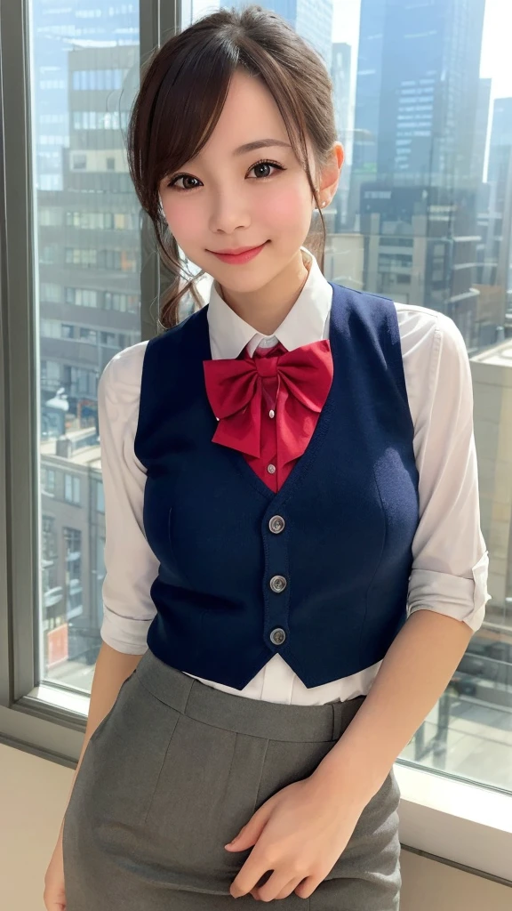 1girl, matured female, vest, bow, photo, realistic, best quality, hires, detailed face, office, buildings from window, detailed background, diffused sunlight, depth of field, bokeh