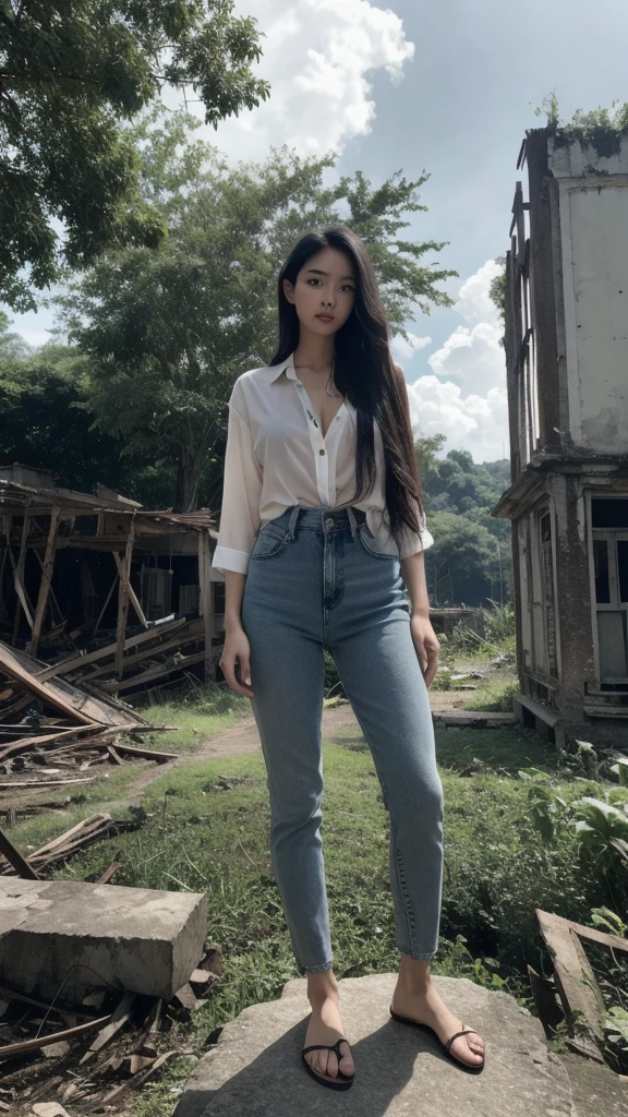 Thai Woman, look at viewer, long hair, shirt, jeans, cloud, day, sky,outdoors, post-apocalypse, ruins, scenery, tree, water,
